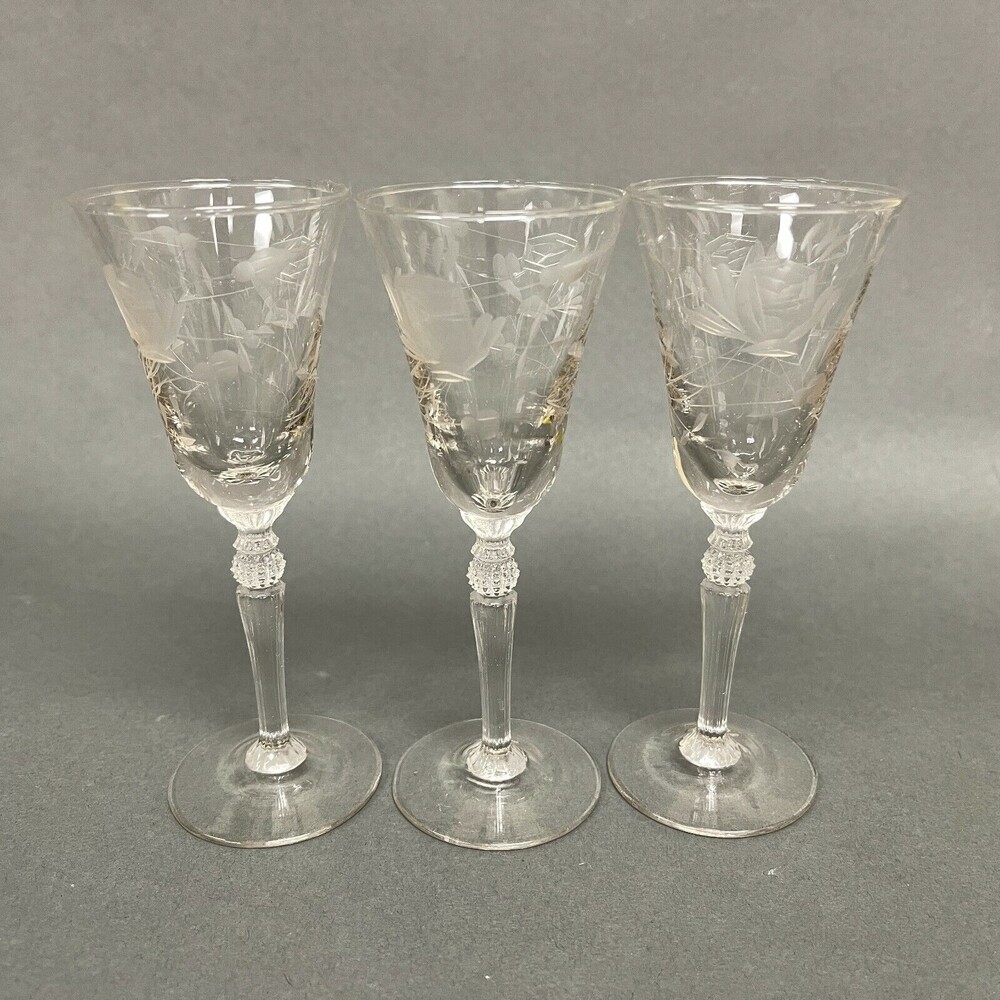 Vintage Wine Glasses‎ Clear Glass Etched Roses Flowers Floral 5 3/8" Lot of 3